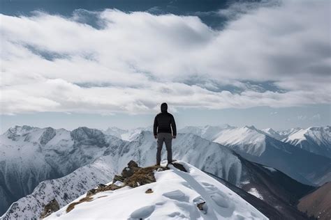 Man Standing On The Top Of A Snowcapped Mountain Peak Panoramic View