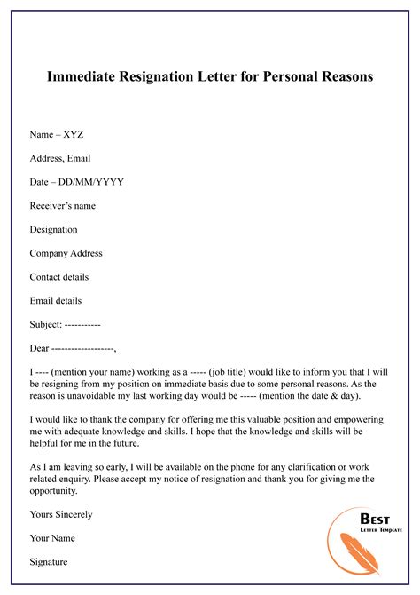 Immediate Resignation Letter For Personal Reasons Best Letter Template