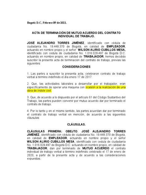 Acta De Terminación Del Contrato Por Mutuo Acuerdo Pdf Bogotá