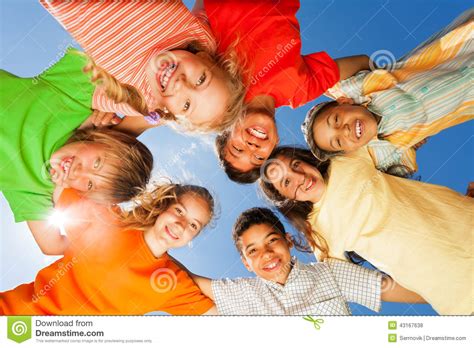 Happy Children Close In Circle On Sky Background Stock Photo Image Of