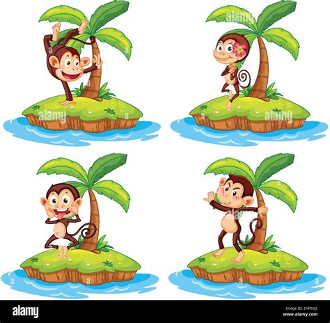 Set Of Different Isolated Islands With Monkey Cartoon Characters