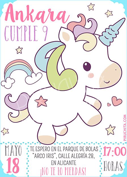 Invitación Cumpleaños Unicornios 02 Digital Imprimible Piruchita