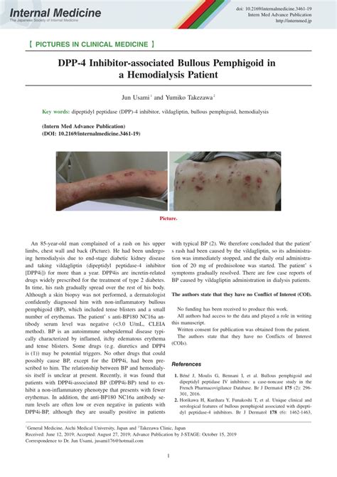 Pdf Dpp 4 Inhibitor Associated Bullous Pemphigoid In A Hemodialysis