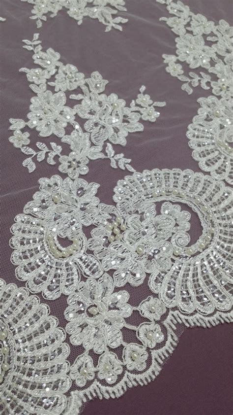 140cm Sequin Beaded Ivory Lace Fabric White Embroidered Bridal