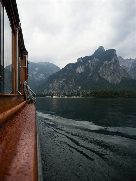 Panorama Electric Boat On Alpine Mountain Lake Konigssee Koenigssee