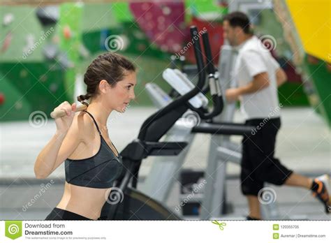 Lady Exercising In Fitness Center Stock Image Image Of Health Stick