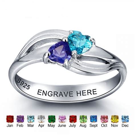 Personalized Silver Symbols Heart Cut Stones Birthstone Ring In