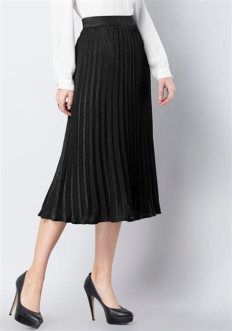 Buy Women Black Pleated Satin Midi Skirt Trends Online India Faballey