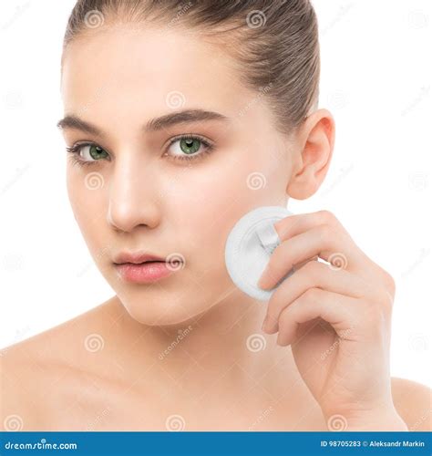 Young Woman Cares For Face Skin Cleaning Perfect Fresh Skin Using