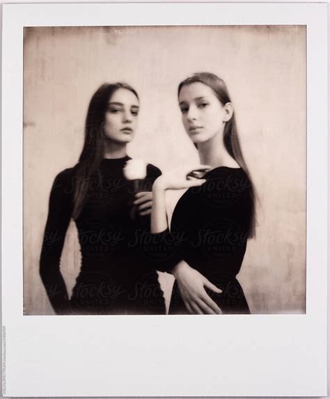 Vintage Black And White Polaroid Portrait Of Two Pretty Young Women