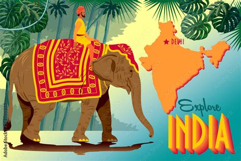 Tourist Poster Of India With Indian Raja Riding An Elephant With