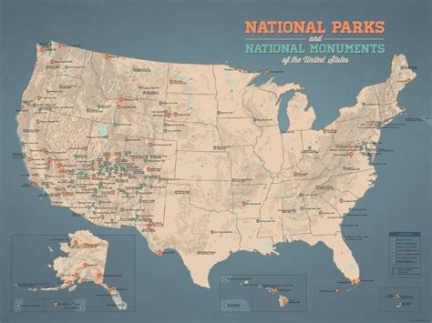 Us National Parks And National Monuments Map 18x24 Poster National