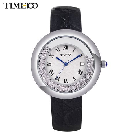 Time100 Womens Quartz Watches Black Leather Strap Flowing Crystal Big