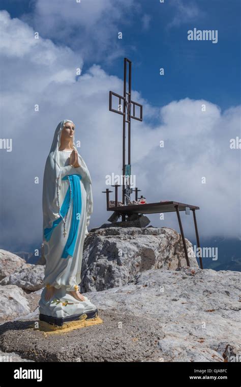 Summit Cross And Virgin Mary Statue On Piz Boe 3152 M Sella Group