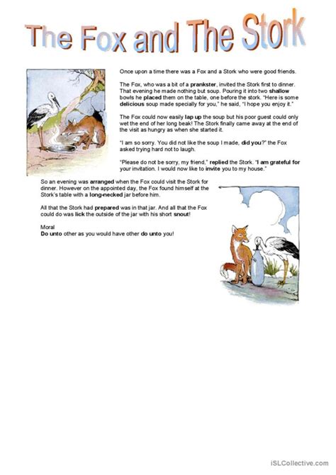 The Fox And The Stork Aesop Fable English Esl Worksheets Pdf And Doc
