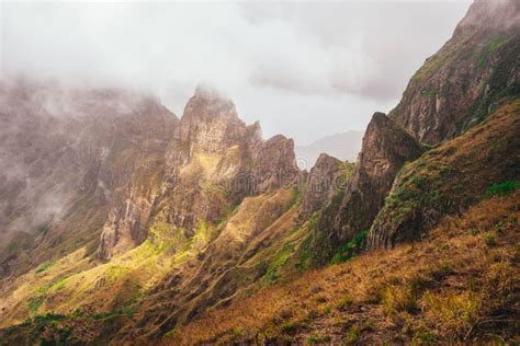 Santo Antao Cape Verde Mountain Tops Covered In Fog And Lit By The