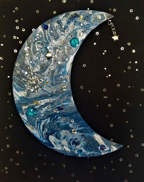Crescent Moon With Hanging Star Wood Star Blue Moon Etsy