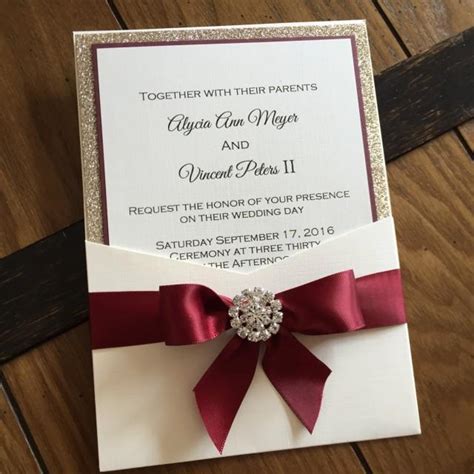 Burgundy And Gold Leaf Glitter Pocket Wedding Invitation