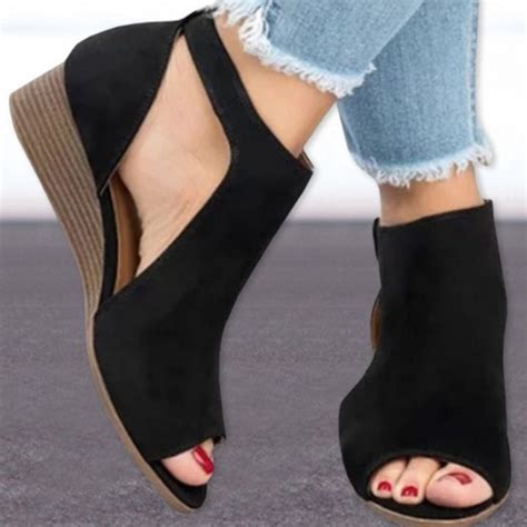 Women Sandals Wedge Mid Heels Cover Heels T Strap Ankle Strap Sandals Chunky Ladies Summer Peep
