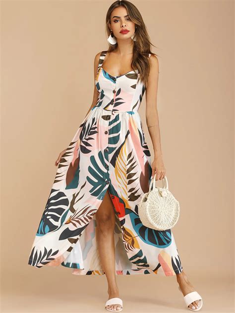Tropical Leaf Print Buttoned Maxi Dress Shein Usa