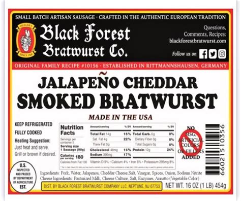 Jalapeno Cheddar Smoked Bratwurst 1 Lb Black Forest Bratwurst Co