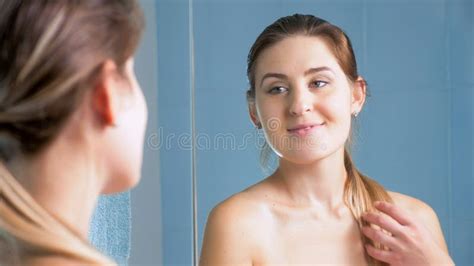 Portrait Of Beautiful Brunette Woman Posing In Bathroom At Mirror Stock Image Image Of