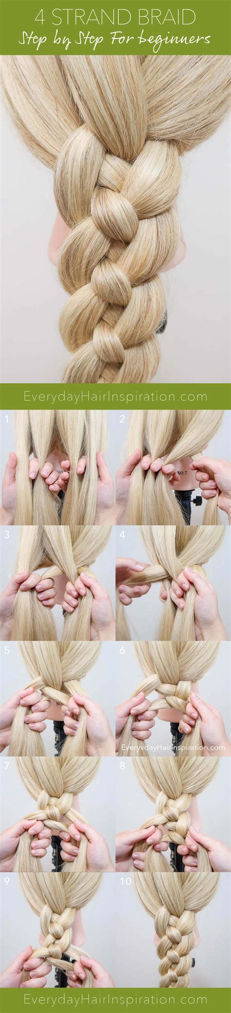 To form the round braid, keep bringing an outer strand under and around the middle strands and tug tightly once you've wrapped it. How To 4 Strand Braid - Everyday Hair inspiration - BRAIDED STYLES