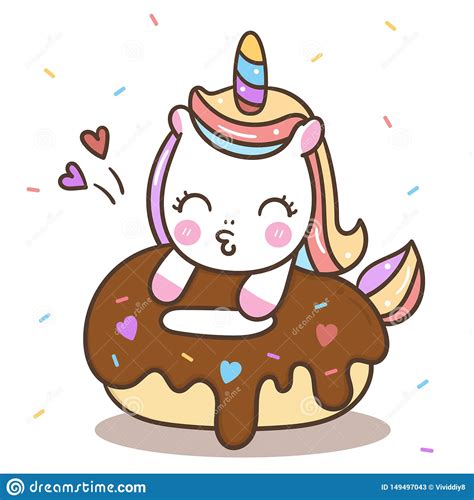 Cute Unicorn Vector Donut Cake Happy Birthday Kawaii Pony Cartoon Stock
