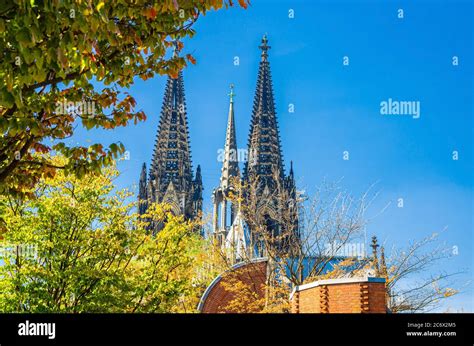 Two huge spires of Cologne Cathedral Roman Catholic Church Saint Peter