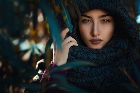 Wallpaper Face Women Model Nose Rings Depth Of Field Dress Hoods Blue Fashion Skin