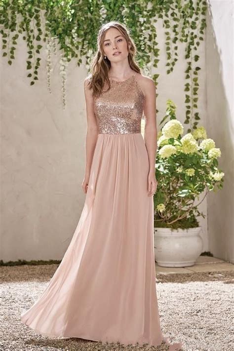 2017 Cheap Chiffon Rose Gold Sequins Top Long Beach Bridesmaid Dresses