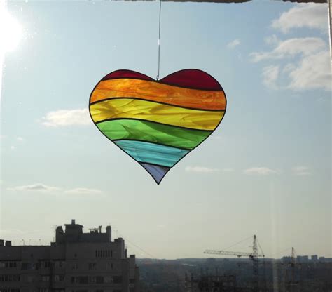 Rainbow Heart Art Stained Glass Window Hanging Suncatcher Etsy
