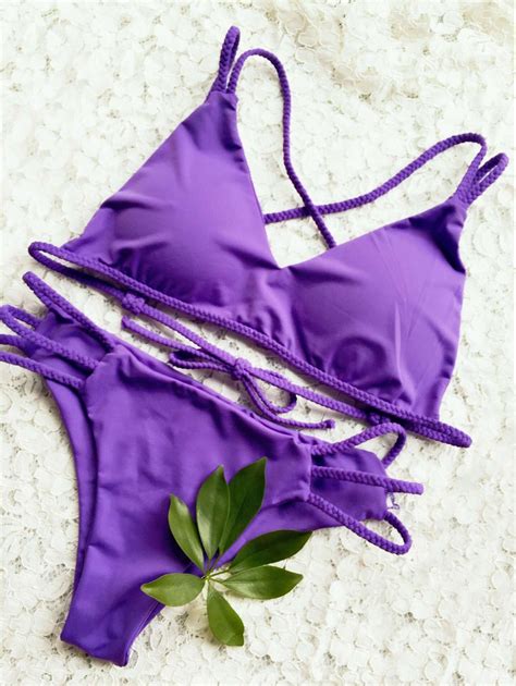 Solid Color Strappy Bikini Set Deep Purple Bikinis Bikini Set Strappy Bikini