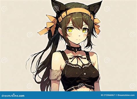 Cute Anime Girl With Cat Ears And Tail Manga Style Character