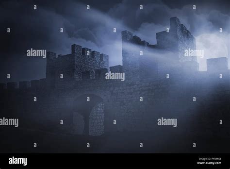 Medieval European Castle In A Foggy Full Moon Night Stock Photo Alamy