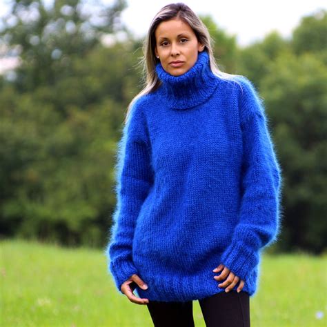 Royal Blue Mohair Sweater Turtleneck Sweater Thick Cable Knit