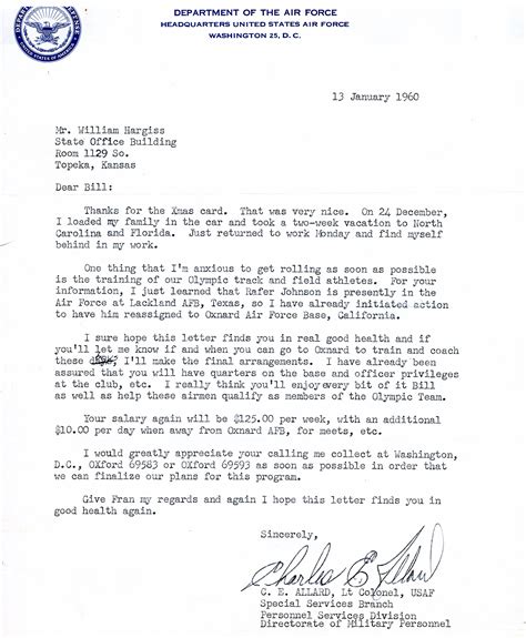 Welcome to the united states air force. USAF Letter to Bill Hargiss 1960