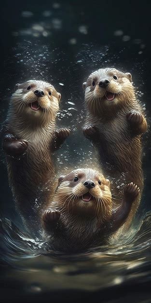 Premium Ai Image Three Otters Are Swimming In The Water