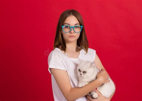 Young Cute Girl With Cat Studio Stock Image Image Of Girl Love