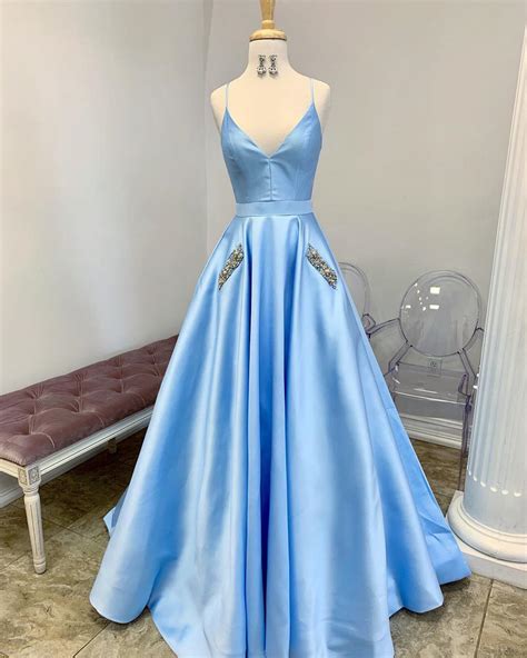 Light Sky Blue Cute Prom Dresses Spaghetti Straps Affordable Beaded Lo