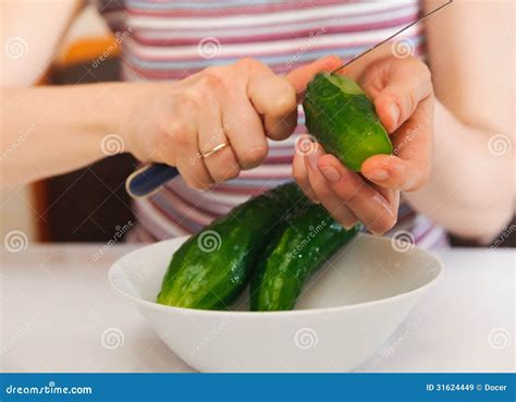 Woman Cutting To Peel Cucumbers Kitchen Working Prepare Food Stock
