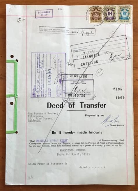 Republic Of South Africa 1969 Deed Of Transfer Pietermaritzburg