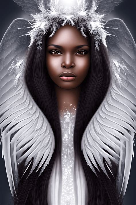 Beautiful Angelic Woman With Dark Wavy Hair Melanin Skin And Hyper Detailed Silver Eyes
