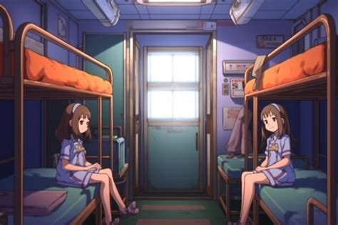 Premium Ai Image Anime Girls Sitting On Bunk Beds In A Room With A Door Generative Ai