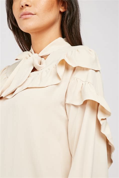 Ruffle Trim Pussy Bow Blouse Black Or Beige Just 7