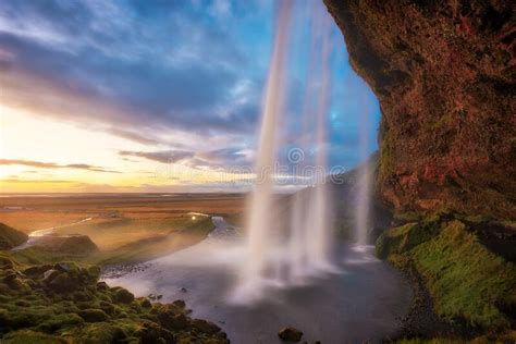 Seljalandsfoss Waterfall During Sunset In Southern Iceland Stock Image