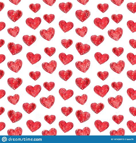 Red Hearts Seamless Pattern Watercolor Illustration Stock Illustration