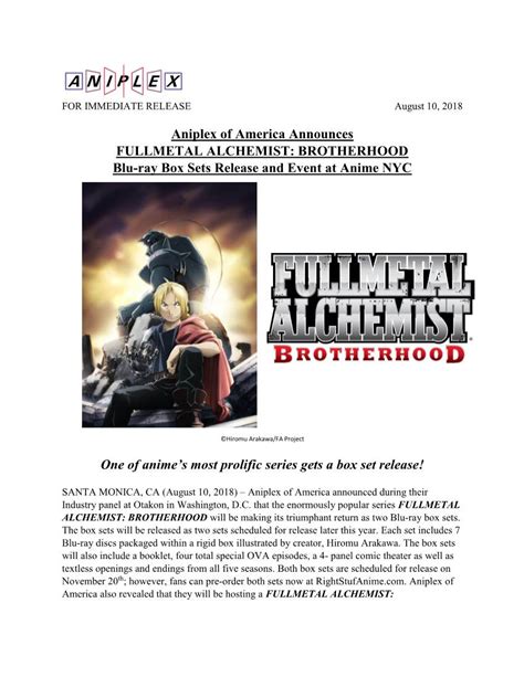 Aniplex Of America Announces Fullmetal Alchemist Brotherhood Blu Ray