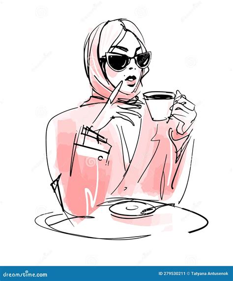 A Modern Stylish Girl In Sunglasses A Jacket And A Headscarf Is Drinking Coffee At A Cafe Table