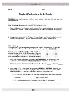 Simulate ionic bonds between a variety of metals and nonmetals. Student Exploration Ionic Bonds - Fill Online, Printable ...